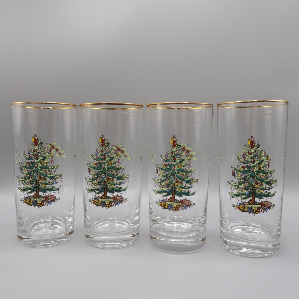 Spode 4 Crystal‎ Christmas Tree 12 oz  Flat Highball Glass Tumblers 6 1/4 "